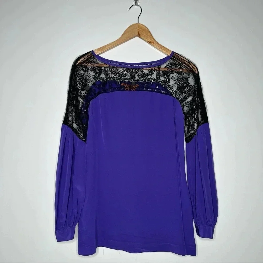 Tory Burch Purple Black Lace Embellished 100% Silk Blouse Size 4